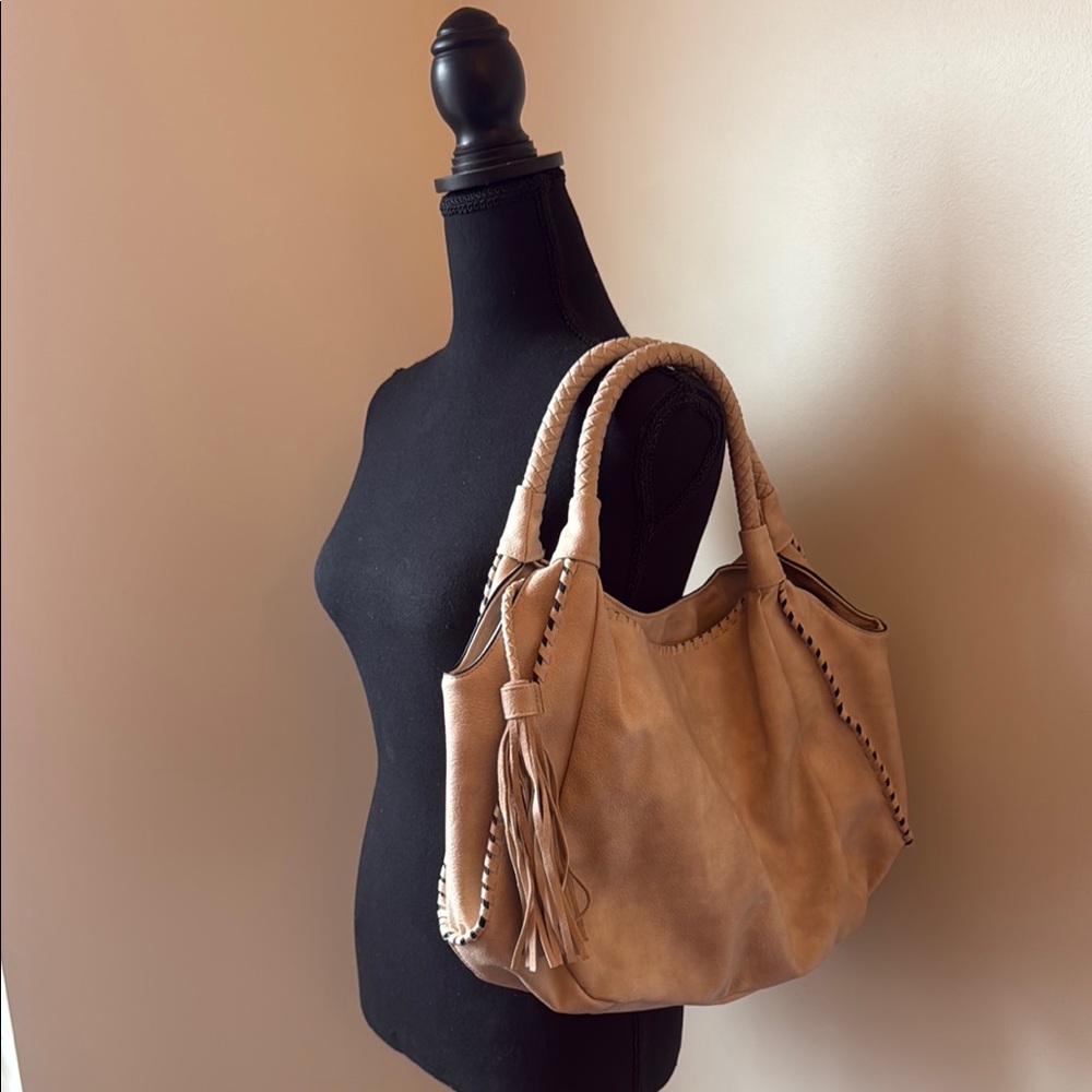 Tan Shoulder Bag with Slouchy Tote Style and Braided Detailing